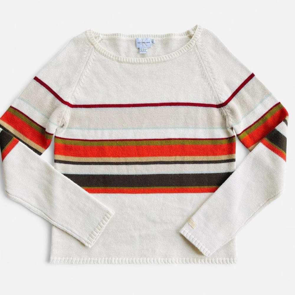 Vintage Calvin Klein Ivory Tone Fall Orange Brown Striped Boat Neck Sweater L